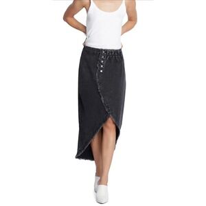 Wash Lab Women's Button Front Faux Wrap Shady Black Denim‎ Skirt Sz 28